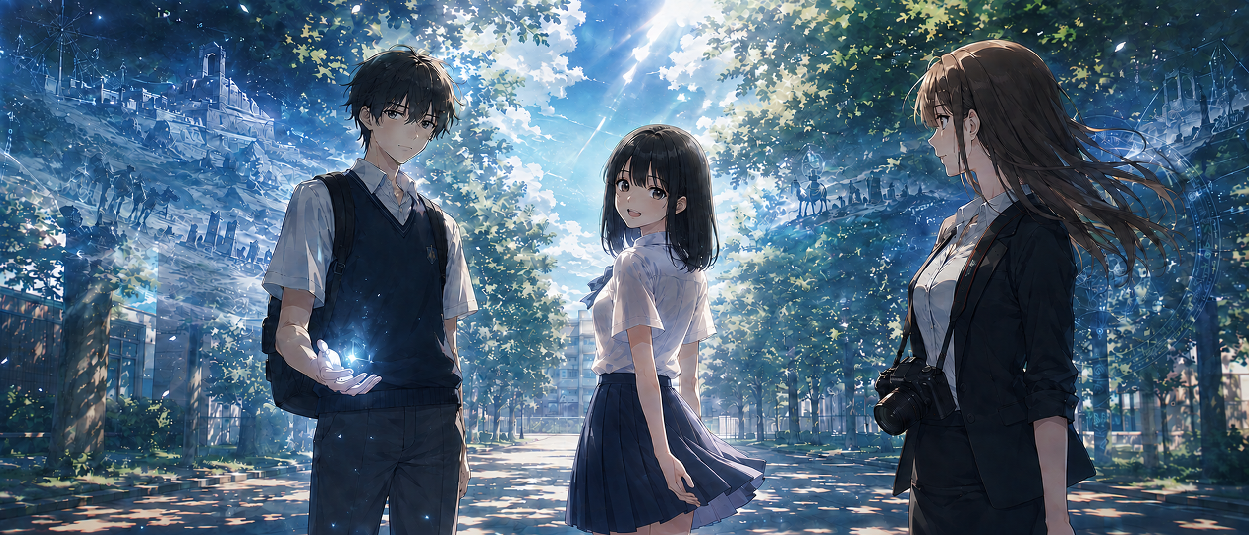 木漏れ日の学園で向き合う少年と二人の少女